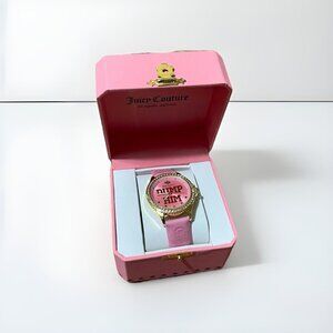 Juicy Couture Dump Him Pink Velour Band, Gold Round Crystal Pave Bezel, New